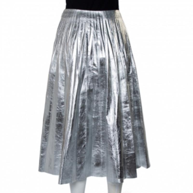 Women's Gucci Metallic Silver Leather Pleated Midi Skirt S For Sale