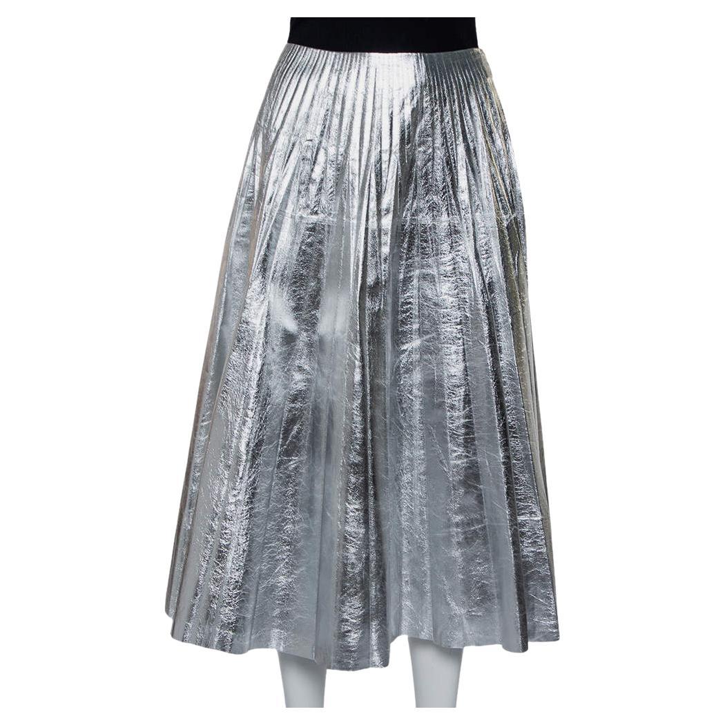 Gucci Metallic Silver Leather Pleated Midi Skirt S For Sale