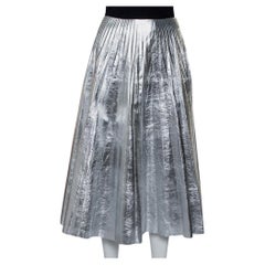 Gucci Metallic Silver Leather Pleated Midi Skirt S