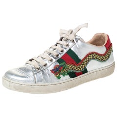 Gucci Metallic Silver Leather Web Ace Dragon Lace Up Sneakers Size 36