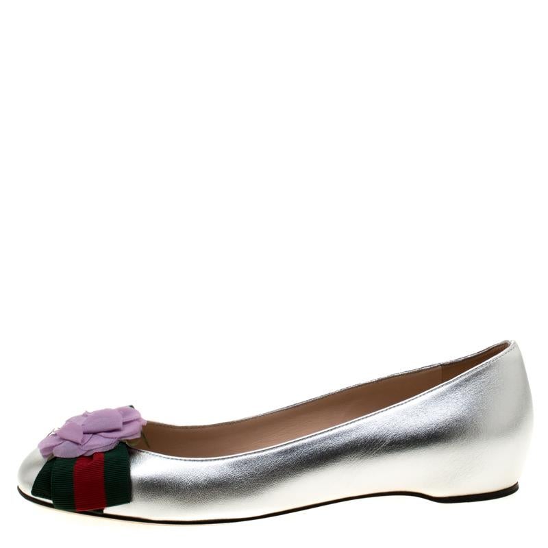 Gucci Metallic Silver Leather Web Bow Rose Detail Ballet Flats Size 36 1