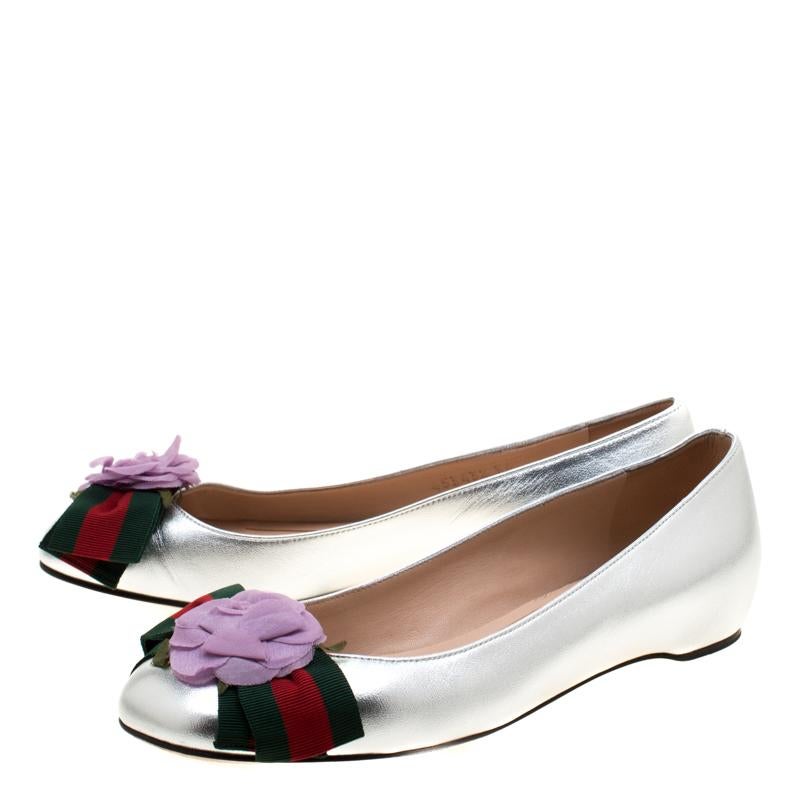 Gucci Metallic Silver Leather Web Bow Rose Detail Ballet Flats Size 36 2