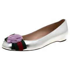 Gucci Metallic Silver Leather Web Bow Rose Detail Ballet Flats Size 36