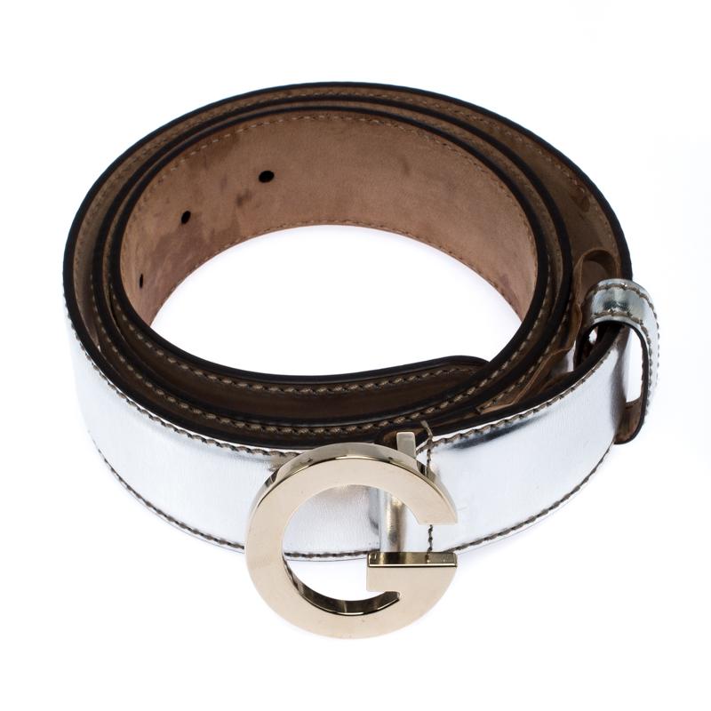Brown Gucci Metallic Silver Patent Leather G Buckle Belt 95CM