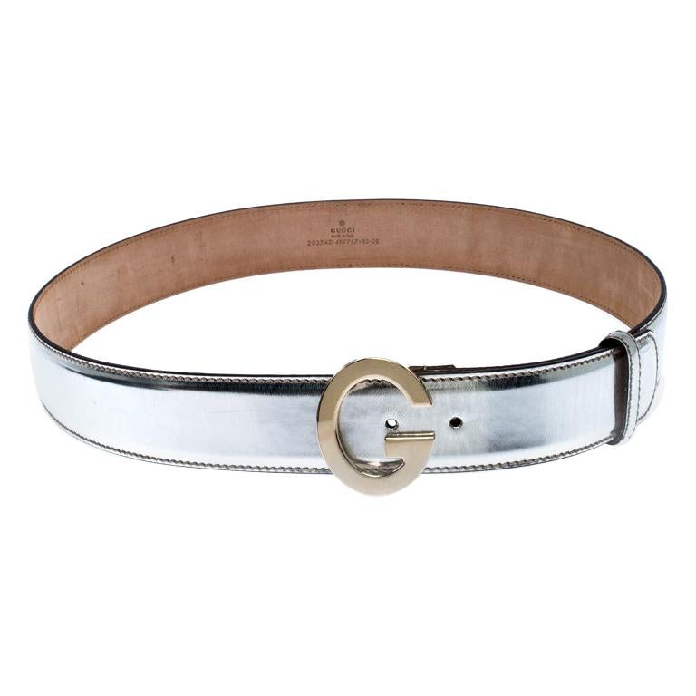 Gucci Metallic Silver Patent Leather G Buckle Belt 95CM For Sale at 1stDibs