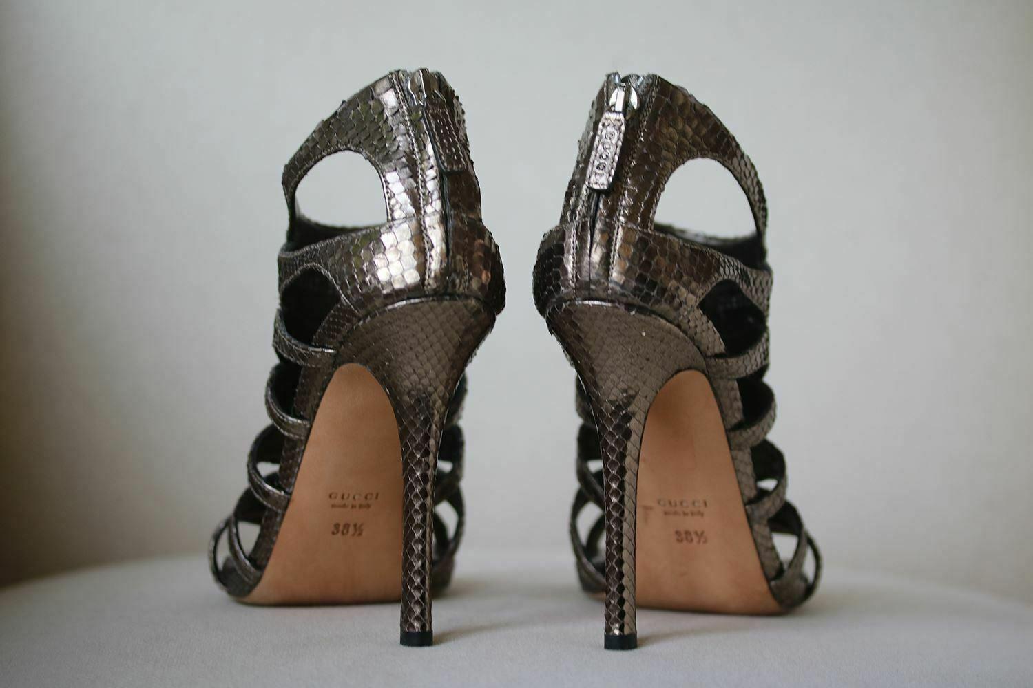 Gucci Metallic Snakeskin Cutout Sandals  In Excellent Condition In London, GB