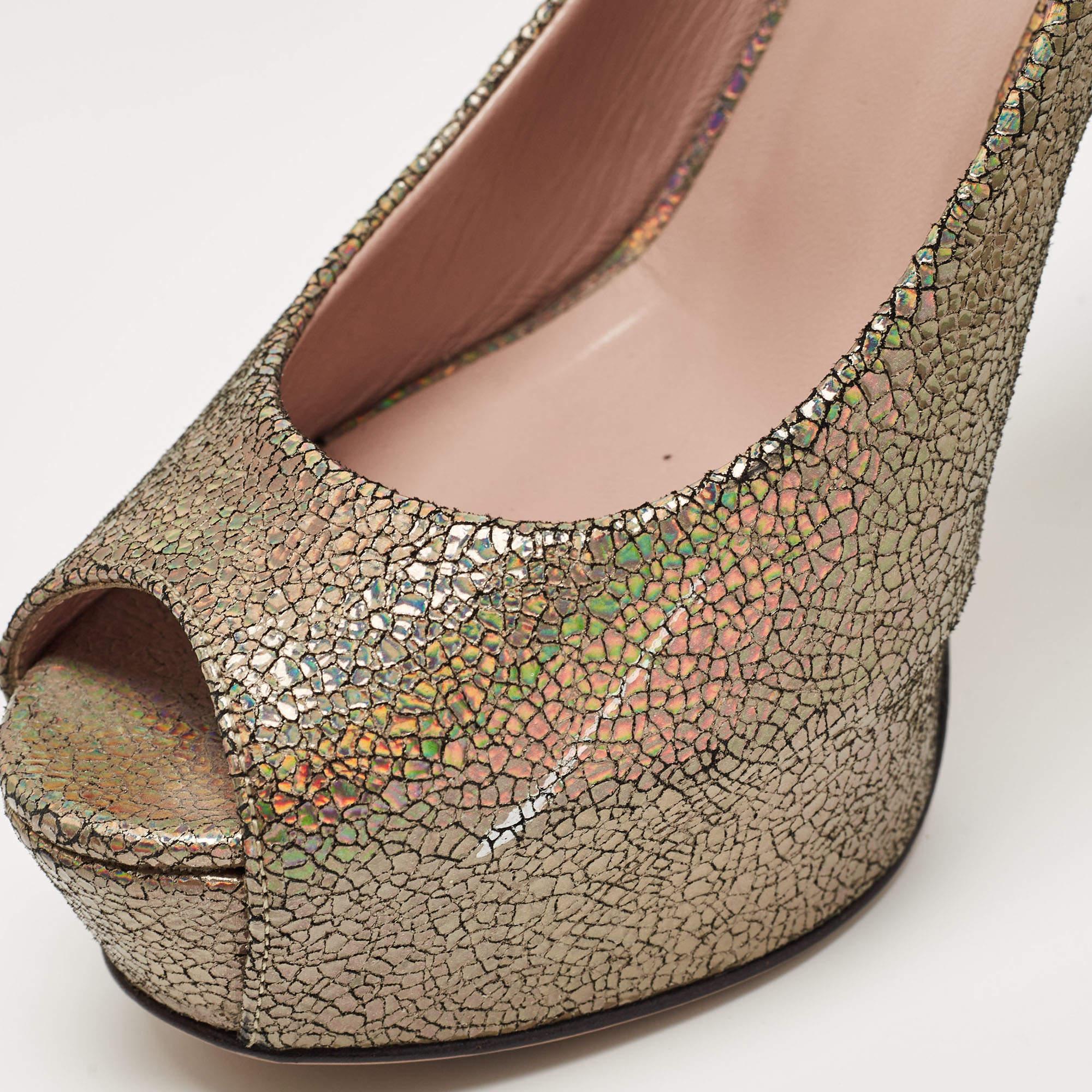 Brown Gucci Metallic Textured Suede Open Toe Platform Pumps Size 40 For Sale