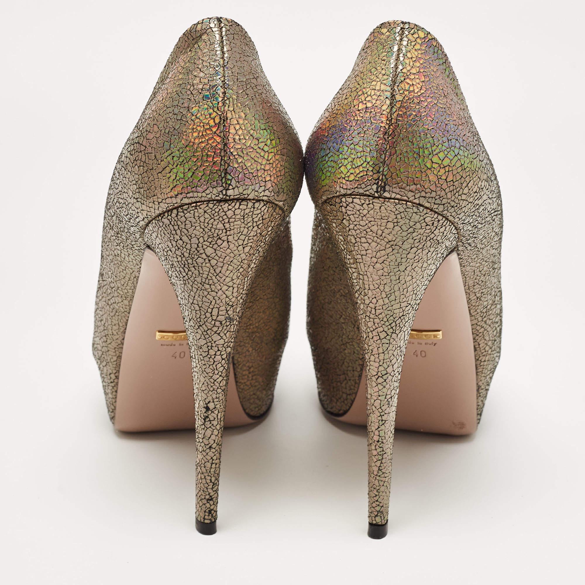 Gucci Metallic Textured Suede Open Toe Platform Pumps Size 40 For Sale 1