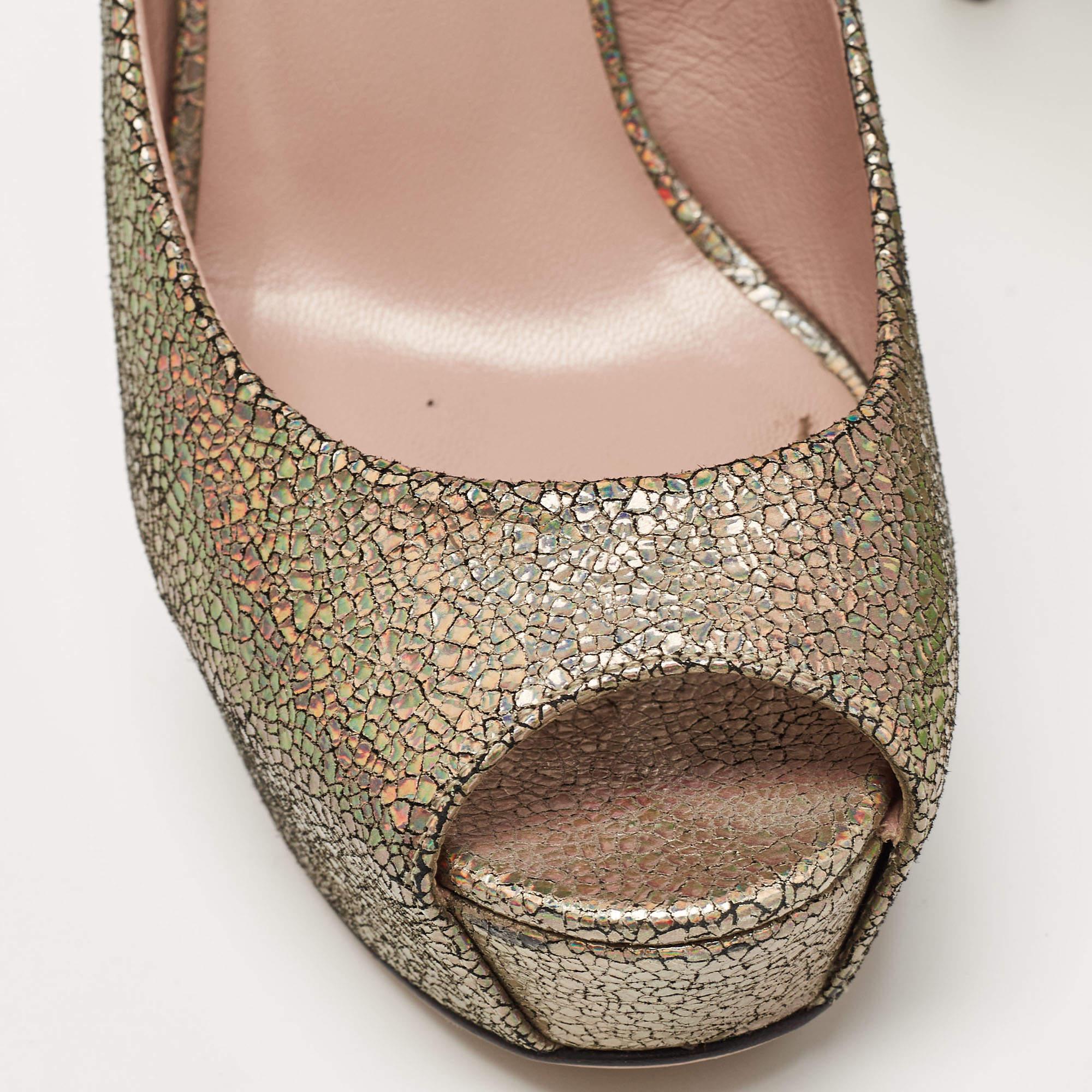 Gucci Metallic Textured Suede Open Toe Platform Pumps Size 40 For Sale 3