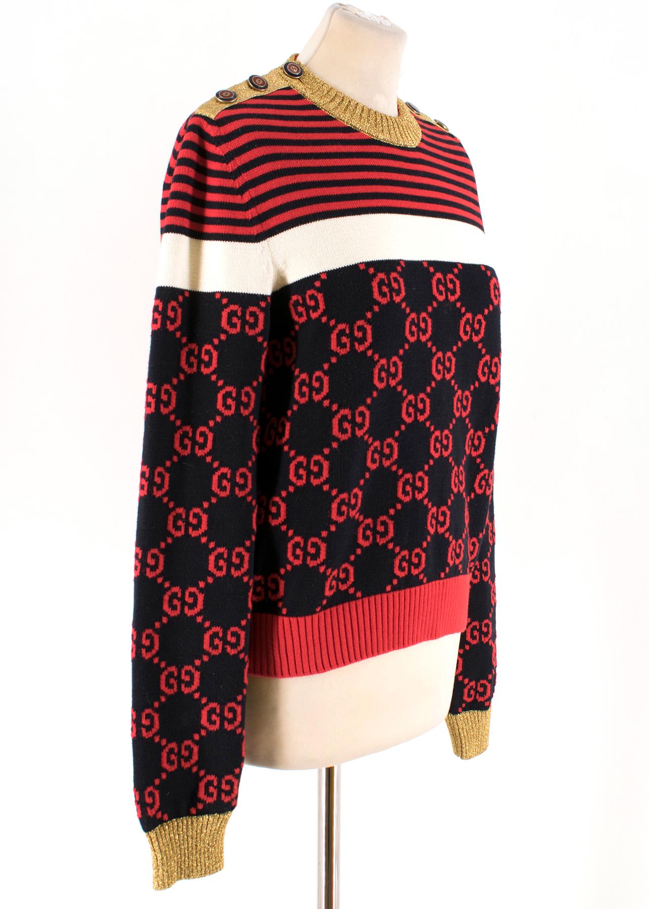 Gucci Metallic Trimmed Logo Intarsia Cotton Sweater

-Red and black monogram jumper
-Striped detailing at the bust
-Metallic shoulder, collar and cuffs
-Logo button closure at the shoulder

Please note, these items are pre-owned and may show signs