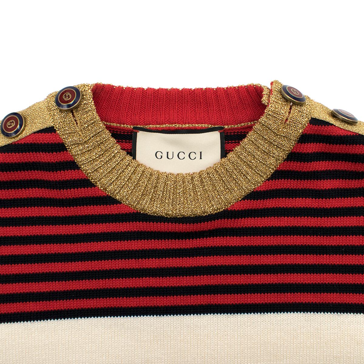 Gucci Metallic Trimmed Logo Intarsia Cotton Sweater US 8 In Excellent Condition For Sale In London, GB
