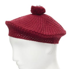 GUCCI Michele 100% cotton burgundy red pom pom knit beret hat M 57cm