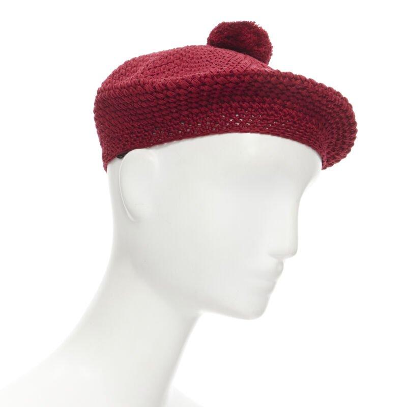 Red GUCCI Michele 100% cotton burgundy red pom pom knit beret hat M 57cm For Sale
