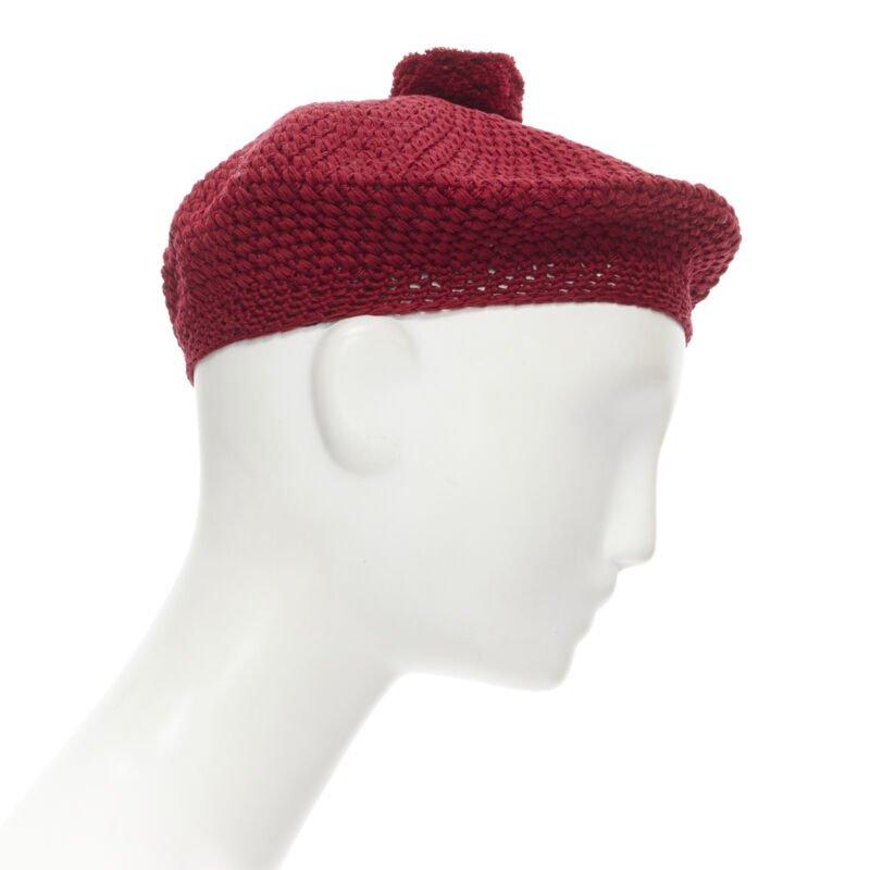 GUCCI Michele 100% cotton burgundy red pom pom knit beret hat M 57cm In Excellent Condition For Sale In Hong Kong, NT