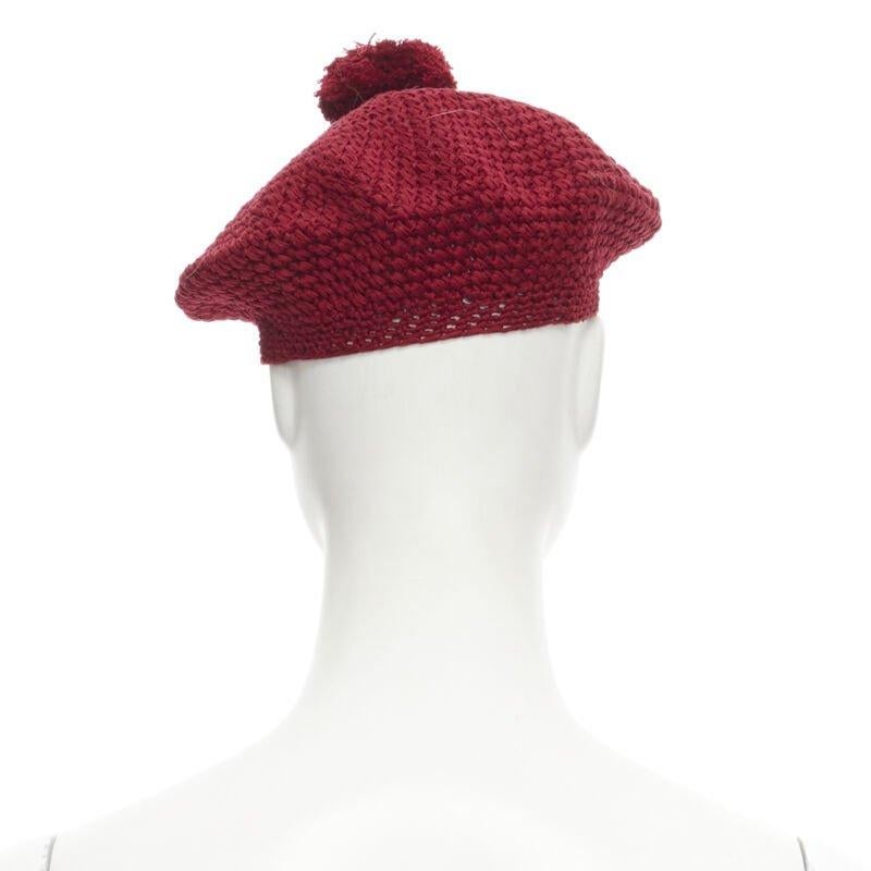 Women's GUCCI Michele 100% cotton burgundy red pom pom knit beret hat M 57cm For Sale