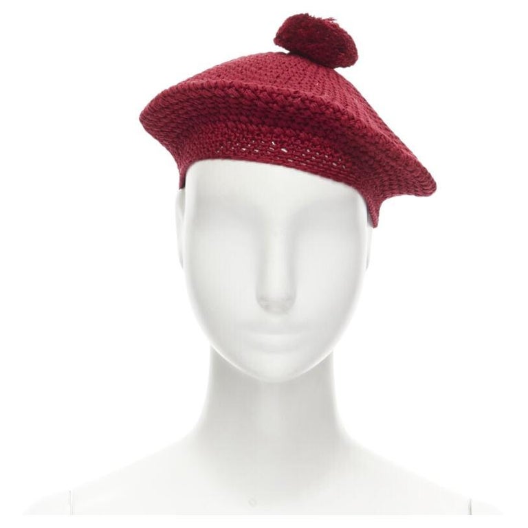 GUCCI Michele 100% cotton burgundy red pom pom knit beret 