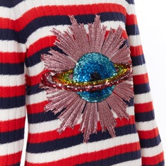 GUCCI MICHELE 100% wool red blue white striped UFO sequins embellished sweater M