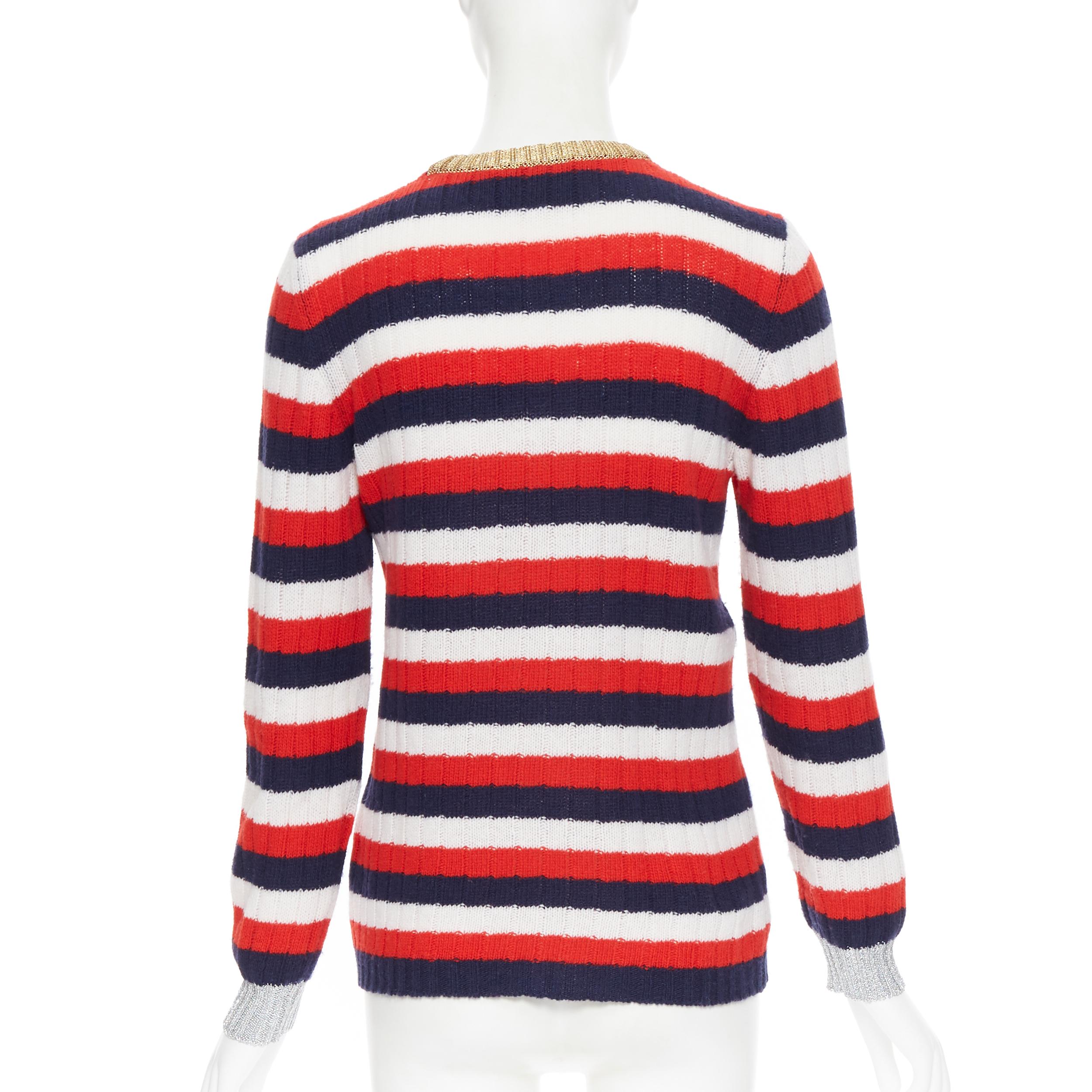 Beige GUCCI MICHELE 100% wool red blue white striped UFO sequins embellished sweater M