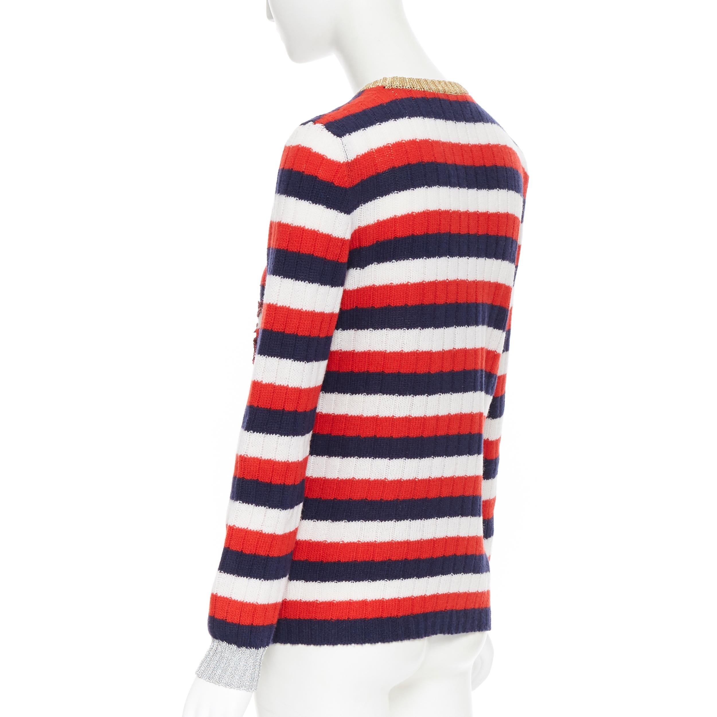 GUCCI MICHELE 100% wool red blue white striped UFO sequins embellished sweater M In Excellent Condition In Hong Kong, NT