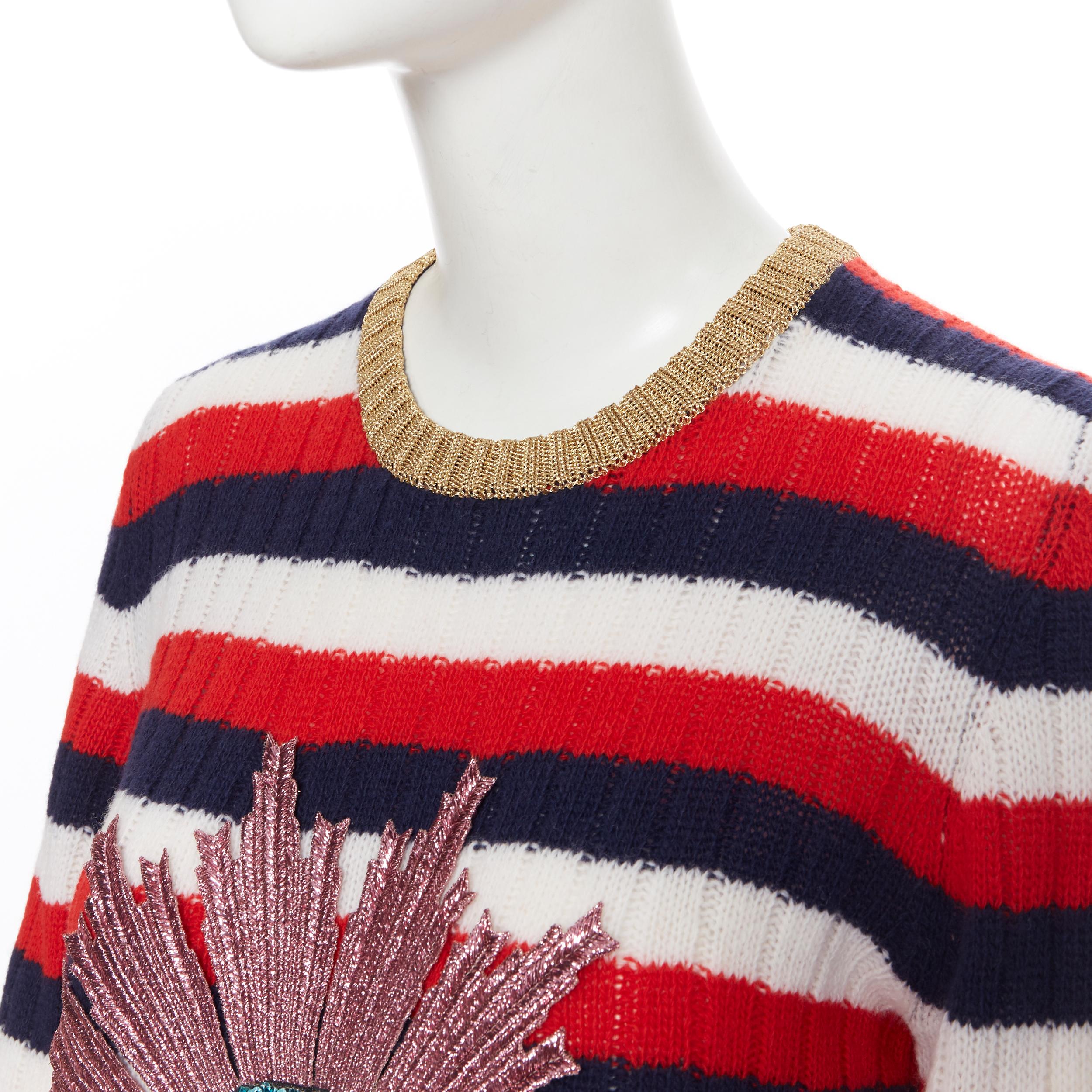 Women's GUCCI MICHELE 100% wool red blue white striped UFO sequins embellished sweater M