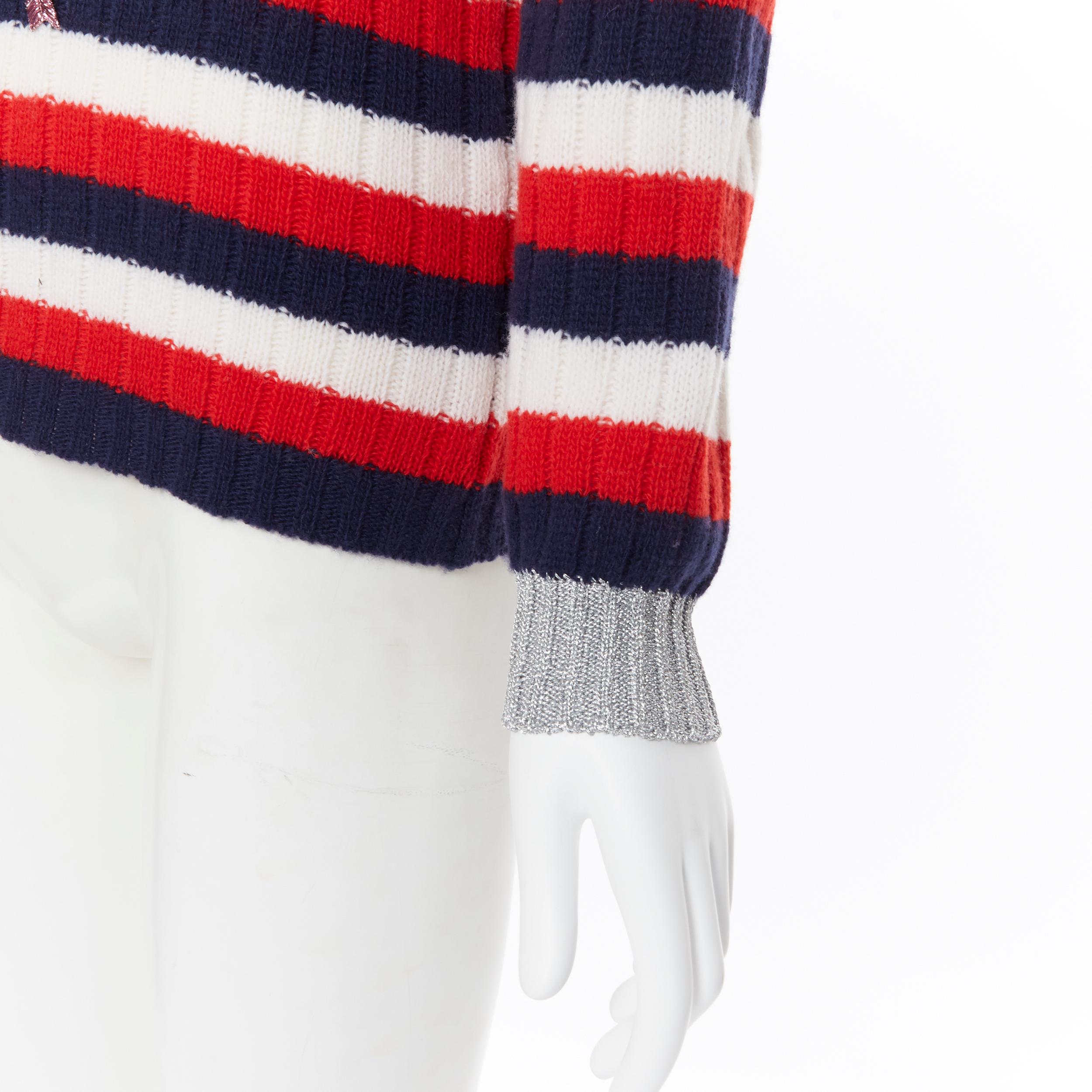 GUCCI MICHELE 100% wool red blue white striped UFO sequins embellished sweater M 1