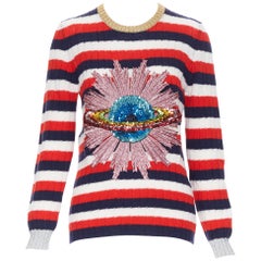 GUCCI MICHELE Pullover aus 100 % Wolle mit roten, blauen und weißen Streifen UFO mit Paillettenverzierung M