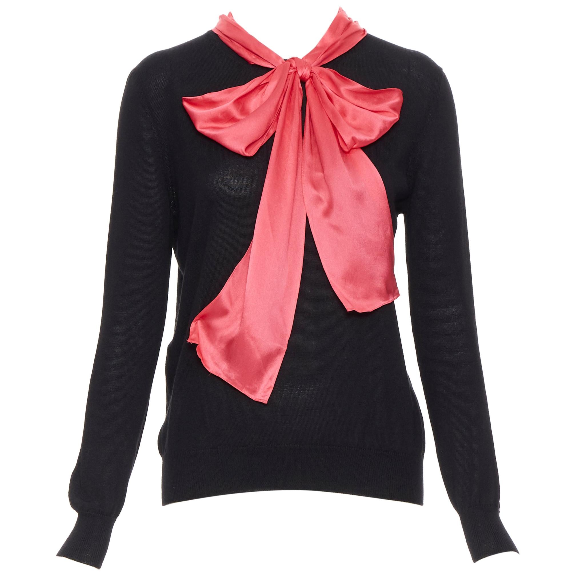 GUCCI MICHELE black cashmere blend knit pink silk pussy bow sweater top L