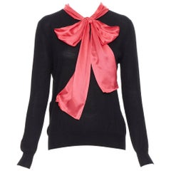 GUCCI MICHELE black cashmere blend knit pink silk pussy bow sweater top L