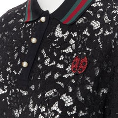 GUCCI MICHELE black floral lace signature red green web pearl button polo top L