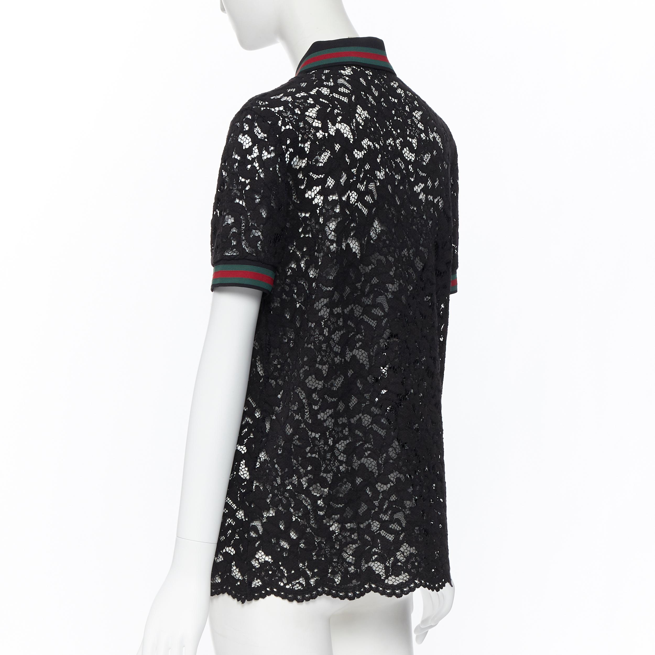 GUCCI MICHELE black floral lace signature red green web pearl button polo top L In Excellent Condition In Hong Kong, NT