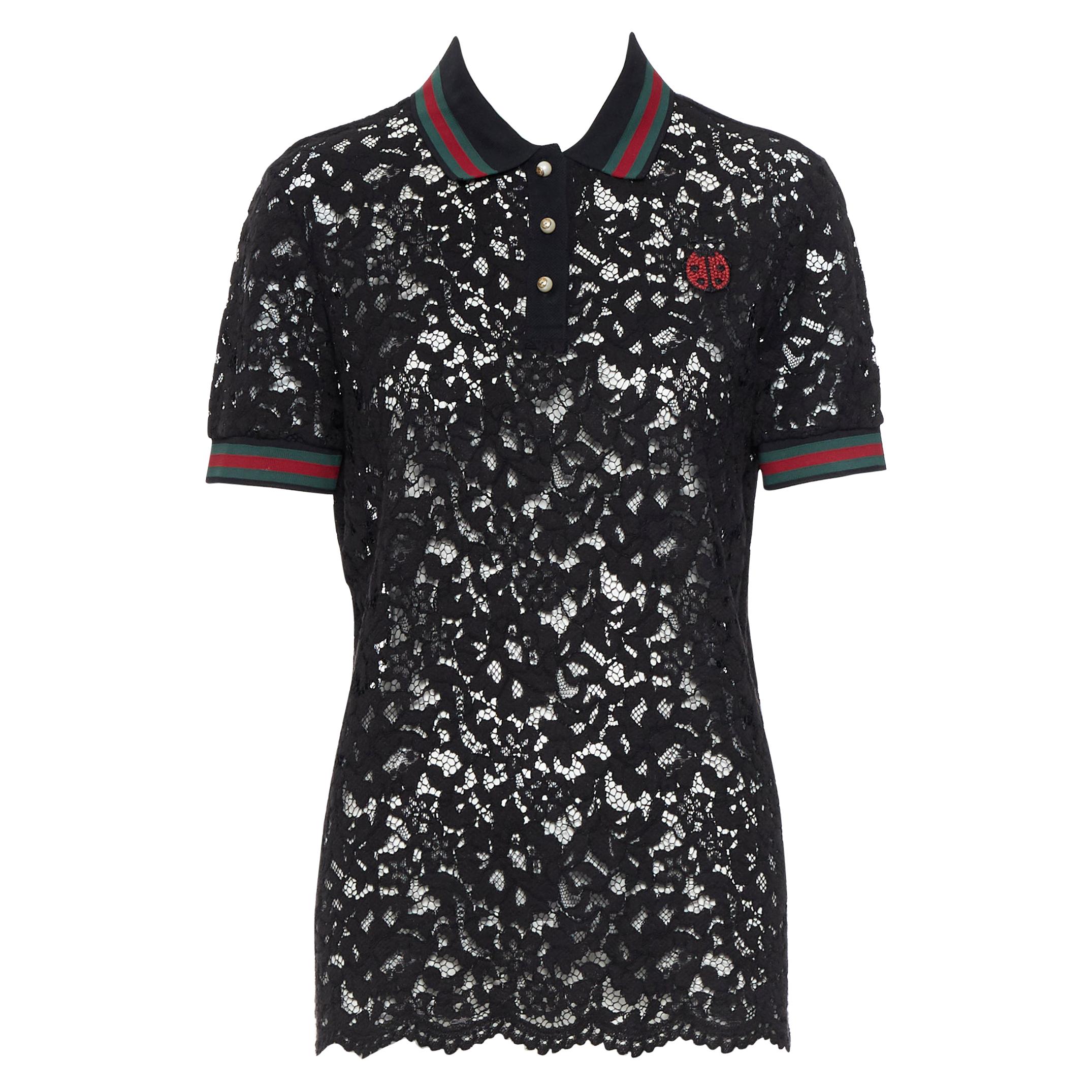 GUCCI MICHELE black floral lace signature red green web pearl button polo top L