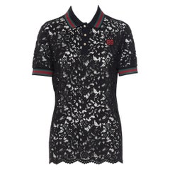 GUCCI MICHELE schwarz floral lace signature rot grün web pearl button polo top L