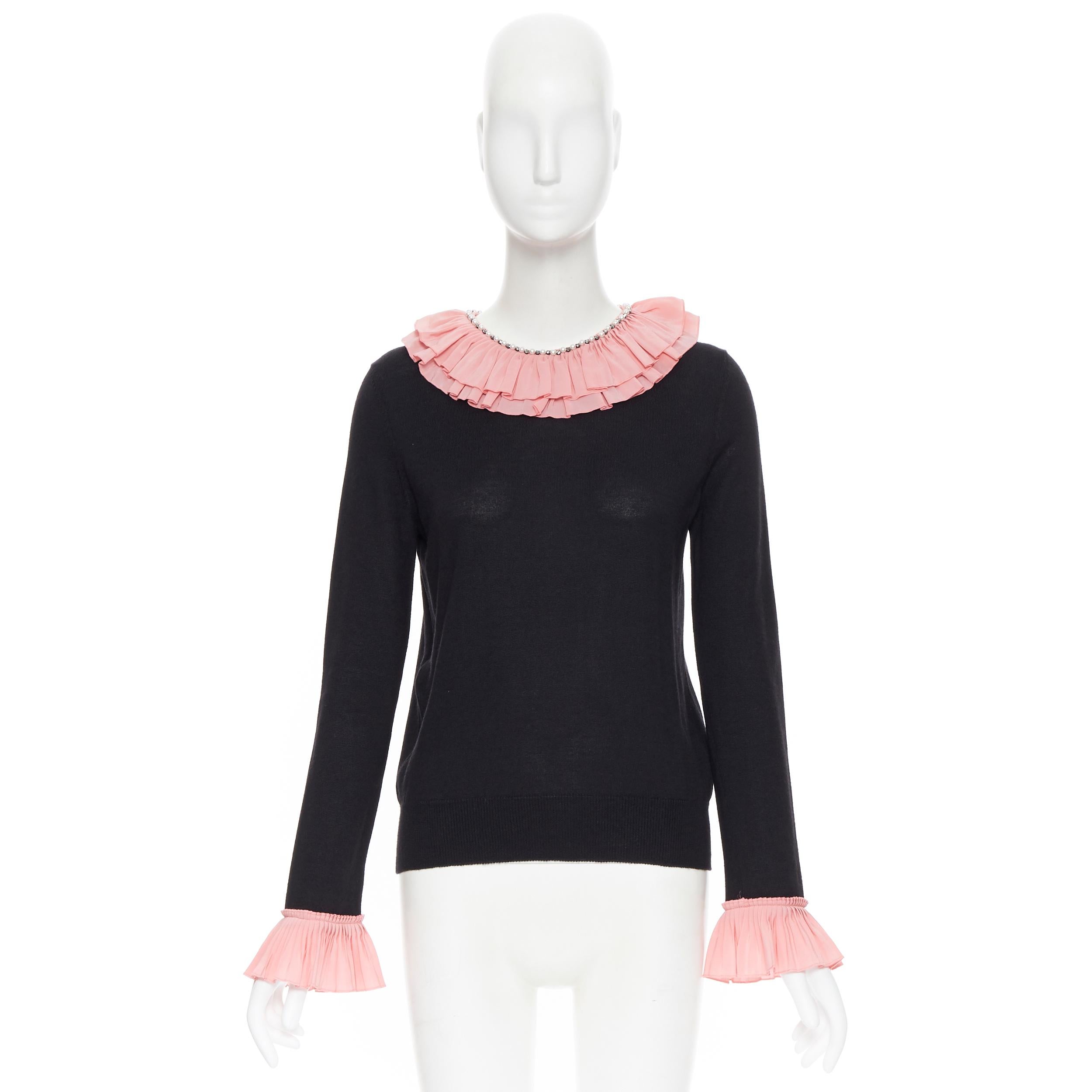 Black GUCCI MICHELE black silk cashmere wool pink ruffle pearl crystal sweater M