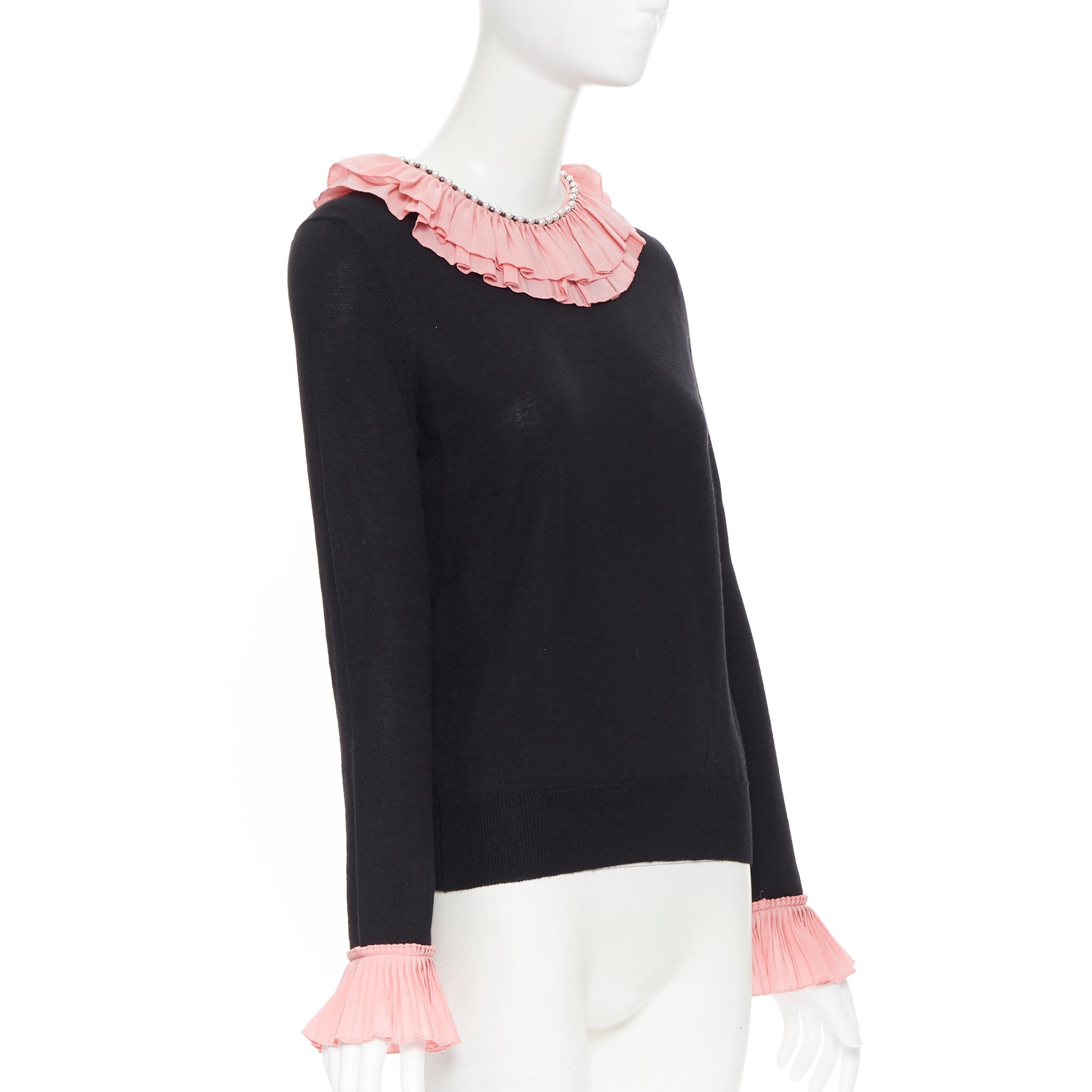 GUCCI MICHELE black silk cashmere wool pink ruffle pearl crystal sweater M In Excellent Condition In Hong Kong, NT