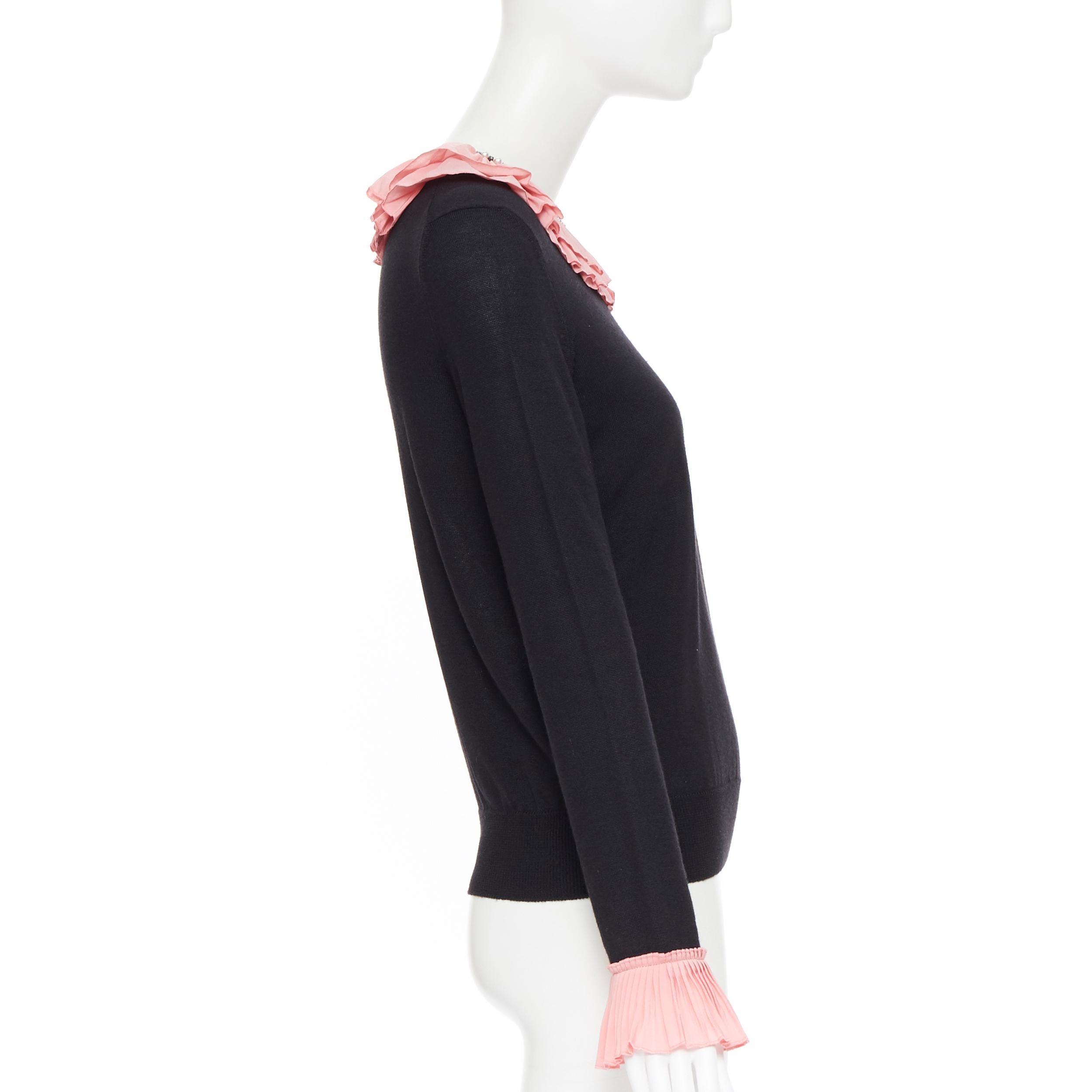 Women's or Men's GUCCI MICHELE black silk cashmere wool pink ruffle pearl crystal sweater M