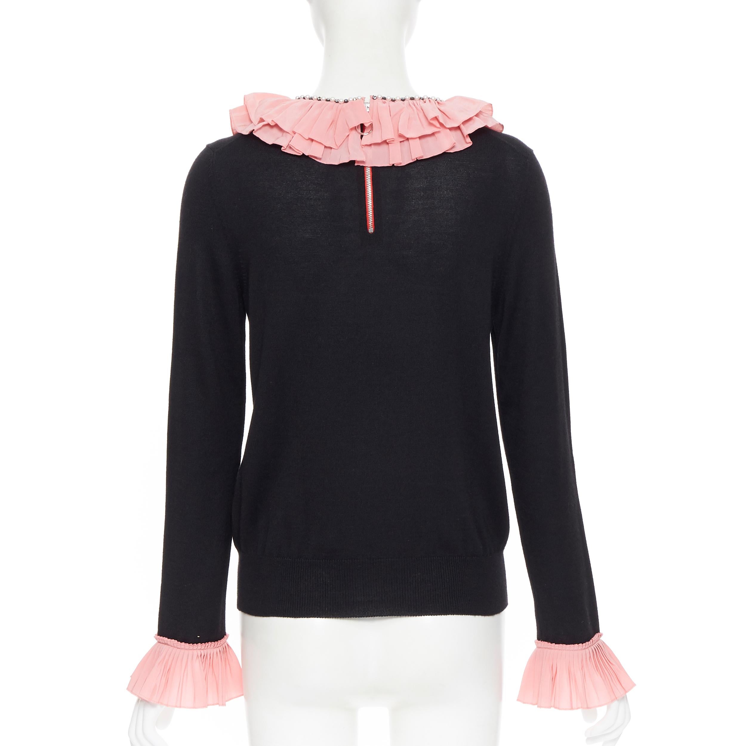 GUCCI MICHELE black silk cashmere wool pink ruffle pearl crystal sweater M 1