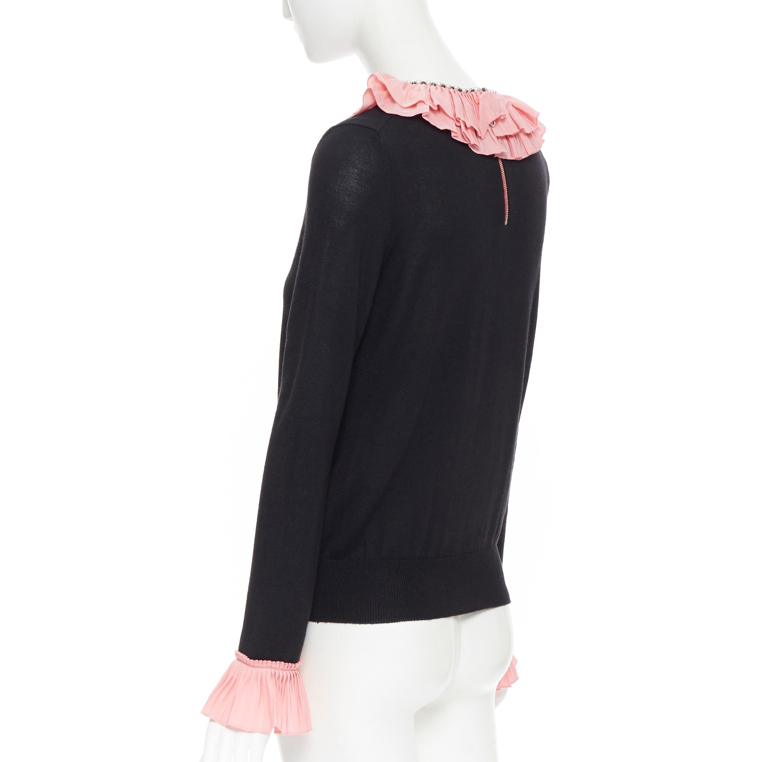 GUCCI MICHELE black silk cashmere wool pink ruffle pearl crystal sweater M 2