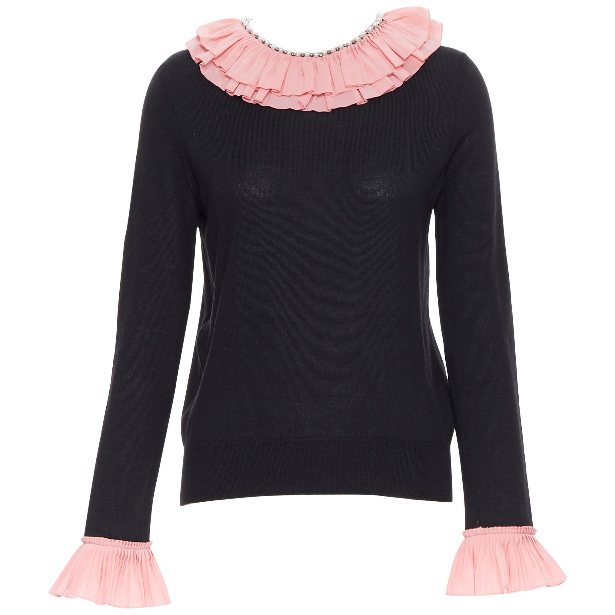 GUCCI MICHELE black silk cashmere wool pink ruffle pearl crystal sweater M