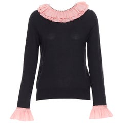 GUCCI MICHELE black silk cashmere wool pink ruffle pearl crystal sweater M