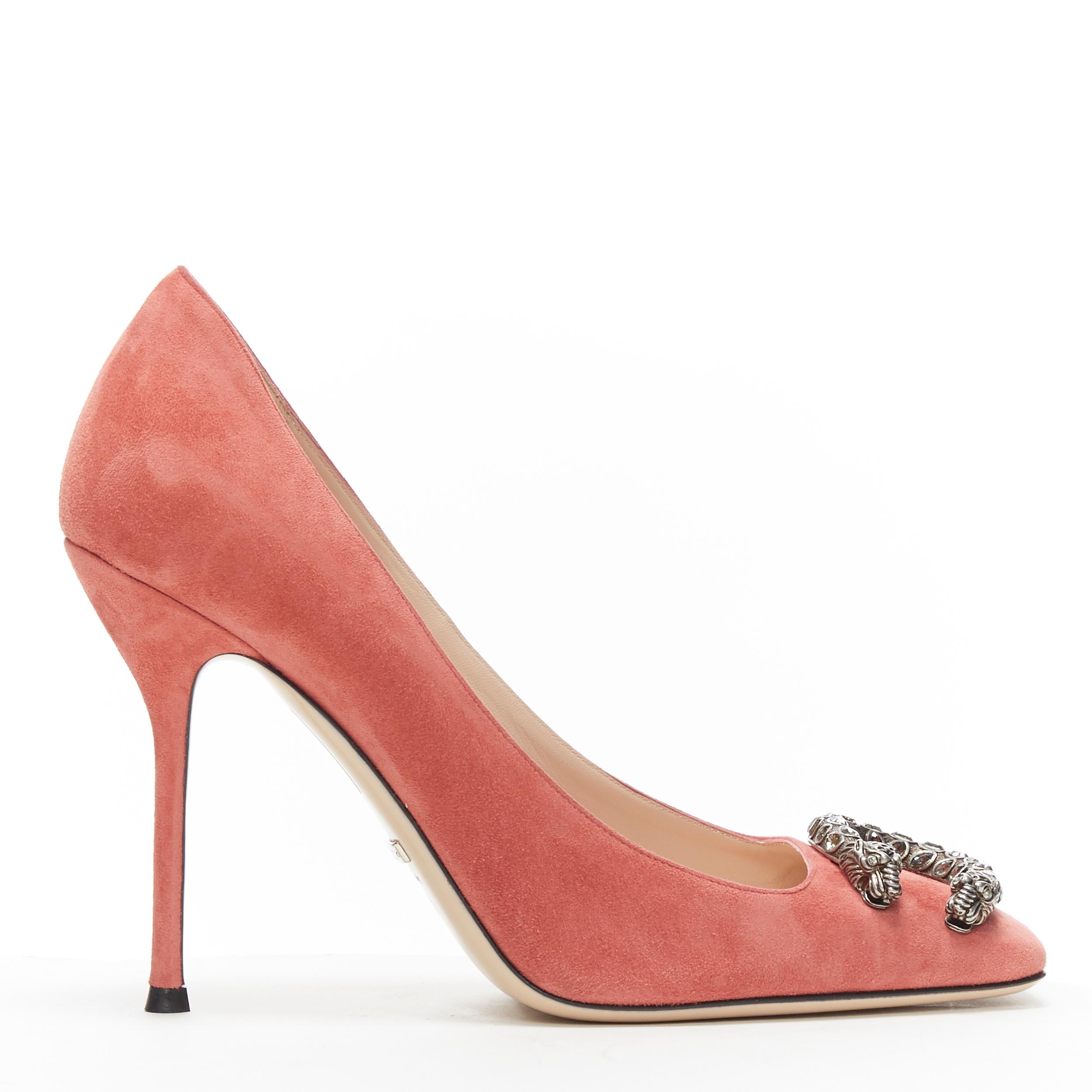 GUCCI MICHELE Dionysus pink suede silver crystal buckle square toe pump EU38
Brand: Gucci
Designer: Alessandro Michele
Model Name / Style: Dionysus 
Material: Suede
Color: Pink
Pattern: Solid
Closure: Slip on
Extra Detail: Ultra High (4 in & Higher)