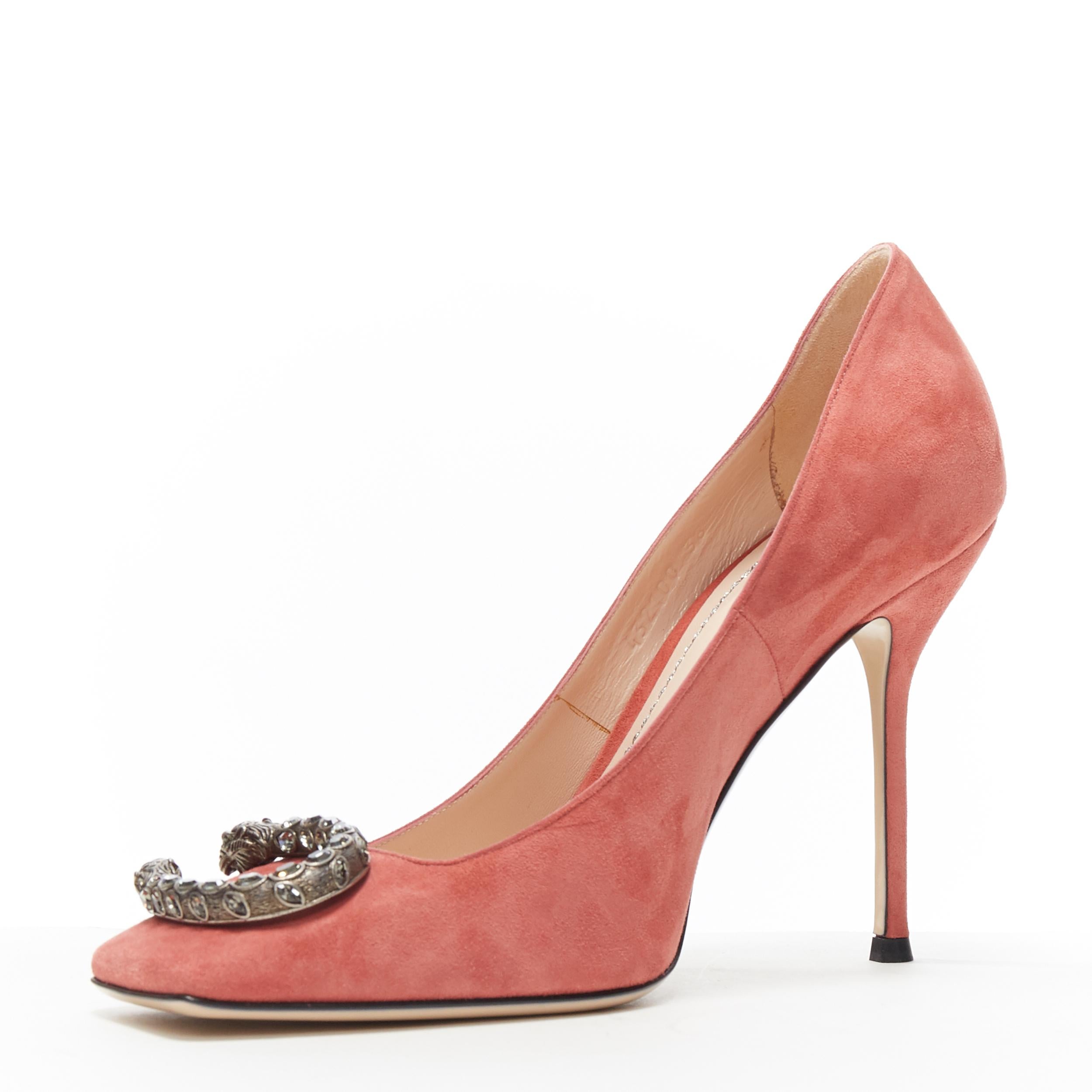 Pink GUCCI MICHELE Dionysus pink suede silver crystal buckle square toe pump EU38
