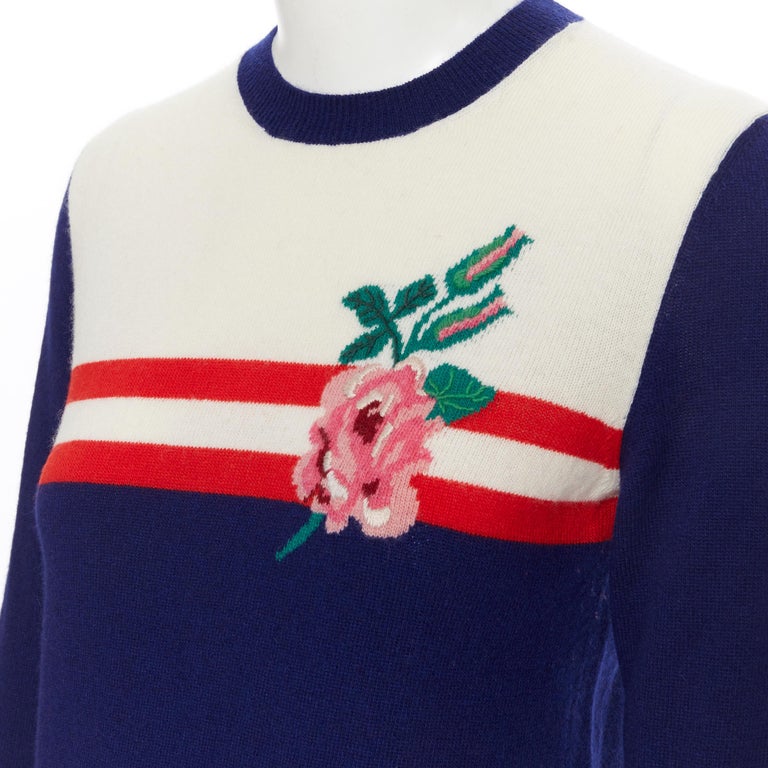 Veilig Monument demonstratie GUCCI MICHELE fine wool cashmere blue red web floral embroidered jumper S  at 1stDibs