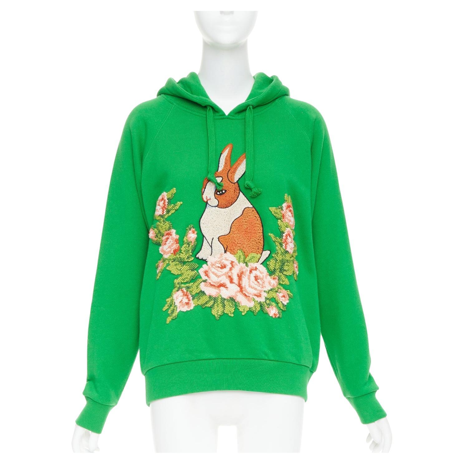 GUCCI Michele vert jersey de coton brodé Bunny flower hoodie XS