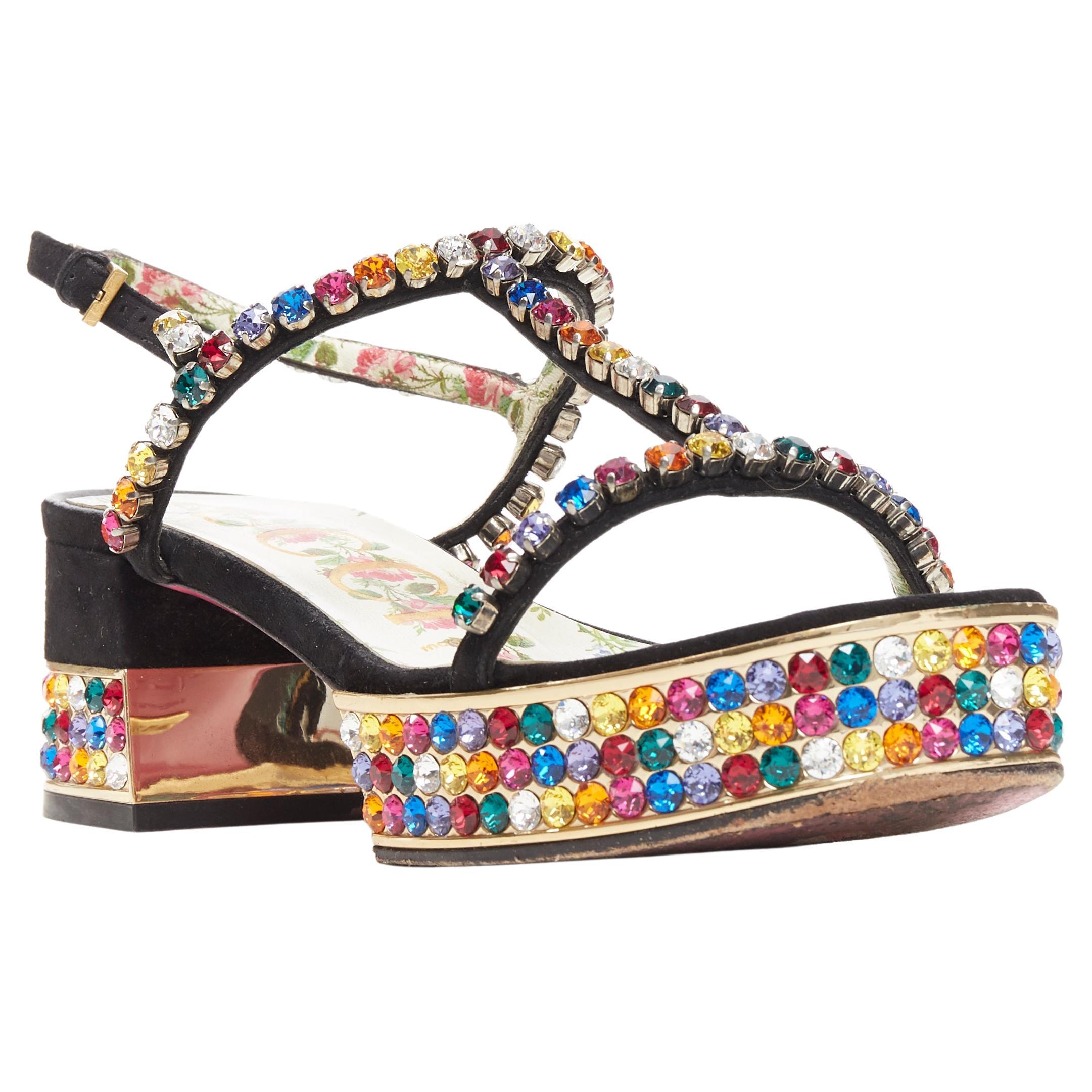 GUCCI Michele Mira rainbow jewel strass crystal block heel T-strap sandal EU35.5