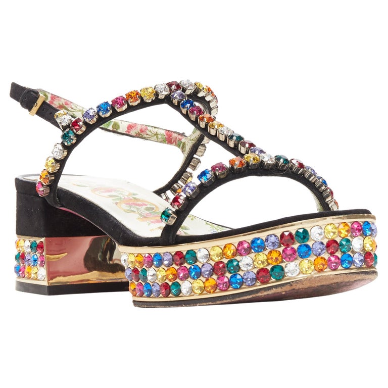 GUCCI Michele Mira rainbow jewel strass crystal block heel T-strap sandal   at 1stDibs