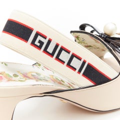 GUCCI MICHELE nude GG pearl patent bow open toe logo slingback heel EU36.5