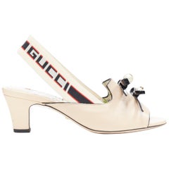 GUCCI MICHELE nude GG pearl patent bow open toe logo slingback heel EU36.5