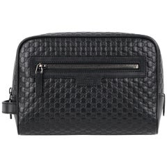 GUCCI “Microguccissima” Black Embossed Leather Zip Cosmetic Toiletry Travel Bag