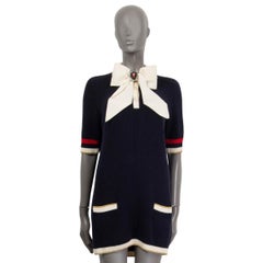 GUCCI midnight blue cotton Short Sleeve TUNIC Sweater w BOW L