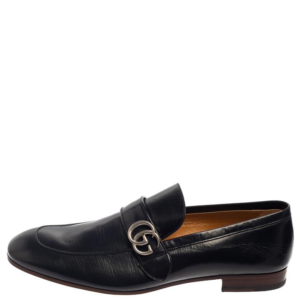 Black Gucci Midnight Blue Leather Double G Loafers Size 48